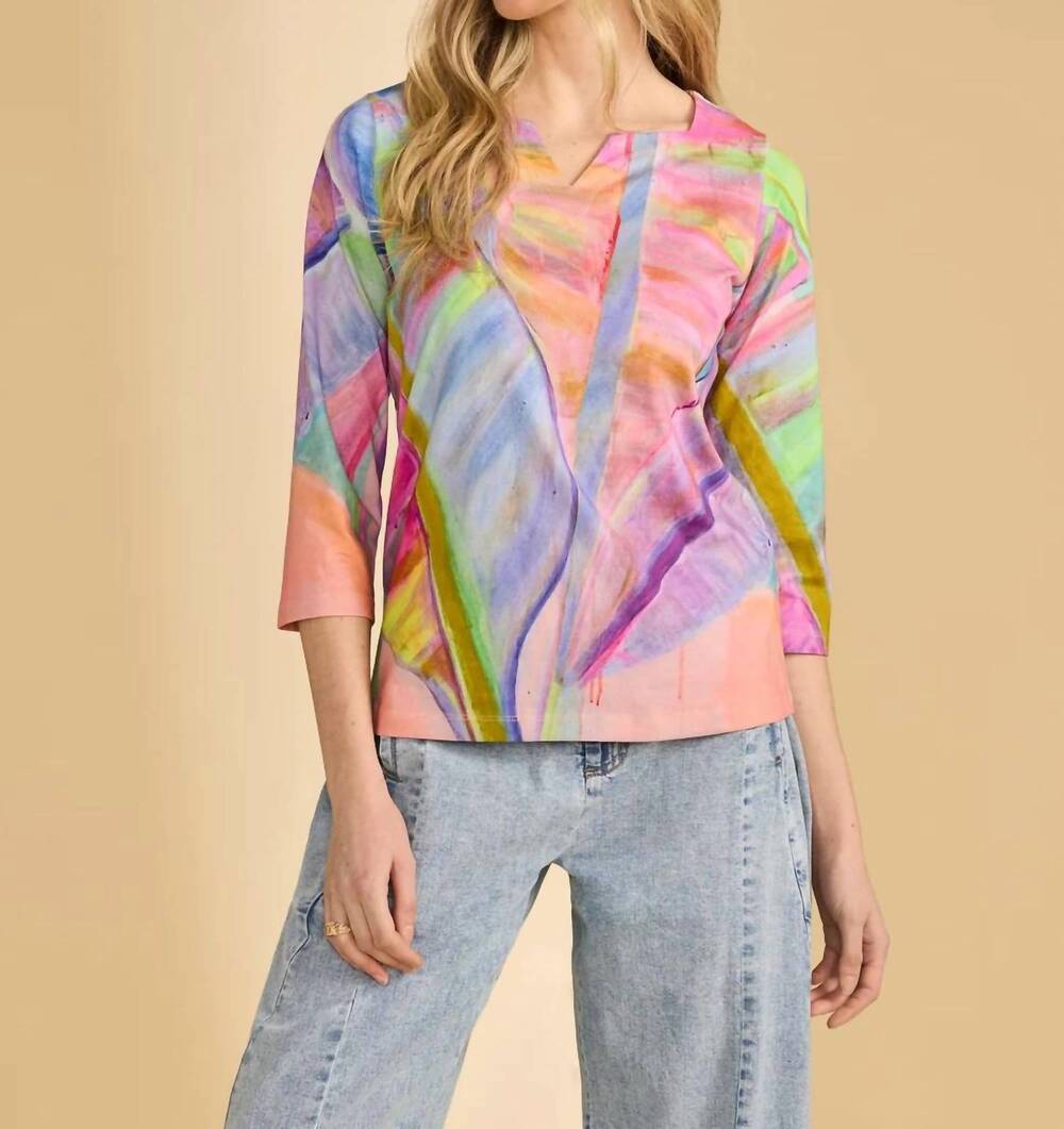 NEW FDJ 3/4 sleeve notch neck top in neon palm